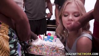 Coco Lovelock receives a surprise birthday gift from a group of well-endowed men