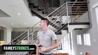 Two step brothers are lucky to fuck their step sister Sarah Bella with huge natural tits