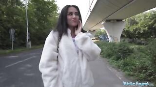 Petite British brunette nearly gets hit by a taxi, then gets fucked by Public Agent