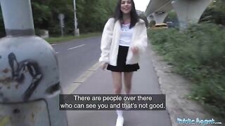 Petite British brunette nearly gets hit by a taxi, then gets fucked by Public Agent