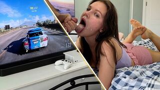 Girl plays Xbox and her boyfriend makes a mess on her face with cum
