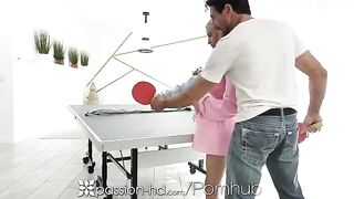 The guy did not let the girl win at ping-pong, so he got intimate