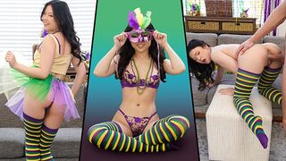 Petite Lulu Chu gets her tight pussy stuffed with a huge cock during Mardi Gras