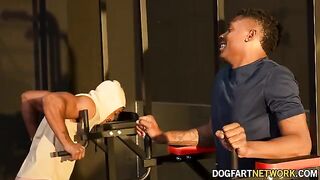Kay Carter gets fucked by two black cocks in gym