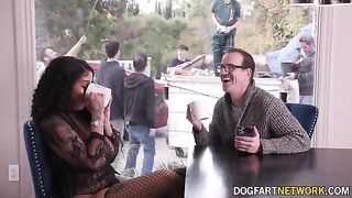 Ebony babe Paris The Muse gets her mouth full with BBCs in a bukkake