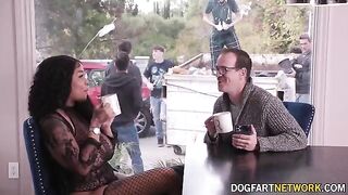 Ebony babe Paris The Muse gets her mouth full with BBCs in a bukkake