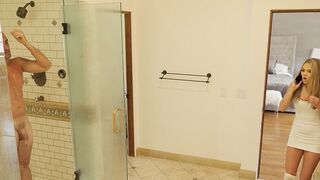 Athena Faris sneaks into the shower with her stepdad in a spy family scenario