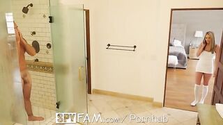 Athena Faris sneaks into the shower with her stepdad in a spy family scenario