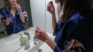 French student gets fucked in the bathroom early in the morning