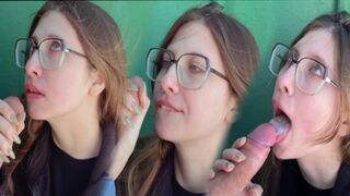 A cute 18-year-old Russian schoolgirl gets fucked and swallows cum in public