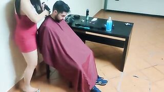 The guy got a blowjob from his friend's mother while getting a haircut