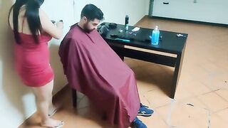 The guy got a blowjob from his friend's mother while getting a haircut