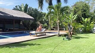 The gardener is doing his job poorly, but he compensates with sex