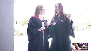 Two mature women having fun with a young man in a magical world