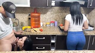 Appetizing 18-year-old hijastra cooking for her stepfather in the kitchen