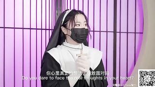 A nun, longing for intimacy, wears sexy underwear and red stockings to seduce