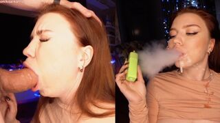 A girl is smoking a cigarette and sucking cock