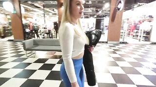 A hot blonde with a big ass is fucking in the shopping mall toilet for money