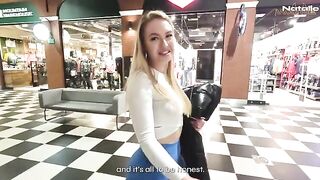 A hot blonde with a big ass is fucking in the shopping mall toilet for money