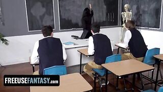 Curvy teacher Valentina Nappi fucked by three students in a classroom scene