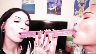 Two lesbian babes fuck each other with a double-ended dildo in POV style