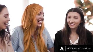 Two innocent lesbians Lily Larimar and Maya Woulfe tried fucking with a busty MILF Lauren Phillips
