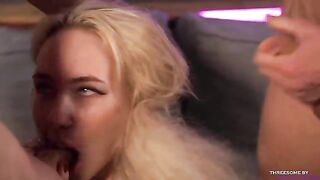 Blonde girl Bella Mur fucks with two guys in an intense threesome
