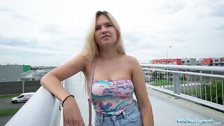 Irina Cage exposes her boobs and ass on a bridge for cash in this steamy Public Agent scene