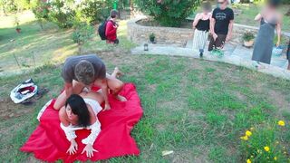 Brunette woman fucks with a stranger on the meadow