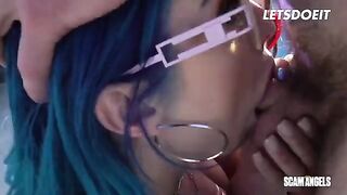 Two hot sluts sharing cock in a steamy threesome sex party
