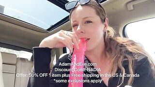 Nadia Foxx tries out her new toy in the backseat of her car