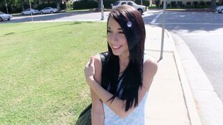 An amateur camwhore, Mia Hurley, shows her tiny boobs and gets fucked outdoors for money