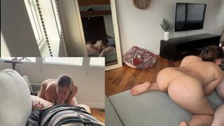 A couple has sex in a hotel room with other people nearby