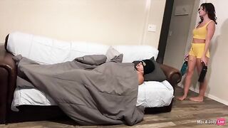 Horny wife fucks her husband’s friend on the couch, gets creampied