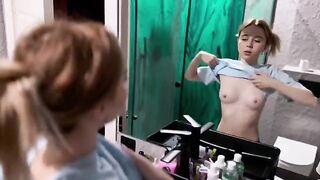 The pretty woman made a surprise for her boyfriend and met him in the bathroom