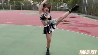 Cheerleader girl fucks on the street and swallows all the cum