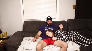 A stepmom fucked on the couch with her stepson