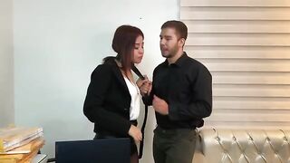 The cutie secretary in stockings fucks with her handsome boss in the office