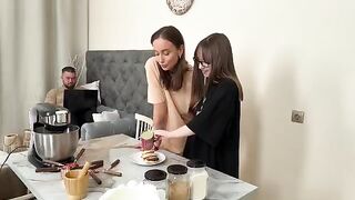 Two appetizing girls cooking syrniki, getting fucked hard