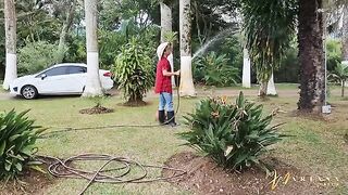 The gardener was fucked by two horny girlfriends