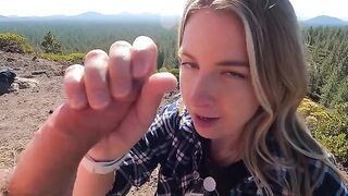 Girl made blowjob on the top of the mountain riskily