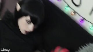 Pale teen Mavis gets her fangs dirty with cock sucking and swallowing