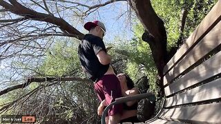 Busty girl almost caught giving a blowjob by the lake