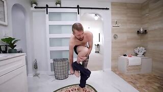 Stepbrother surprises petite brunette in bath tub with toy