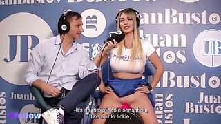 The guy masturbates her so hard it vibrates even her voice