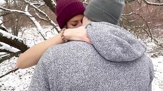 A wife shared her pussy with her husband and friend in the snow