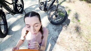 Petite cyclist gives a thrilling blowjob to the tourist in POV