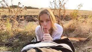 Blonde beauty got fucked in the forest and received a cum walk