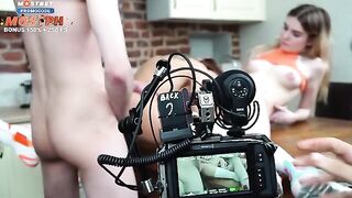 Behind the scene action with two girls and a guy in tenderness