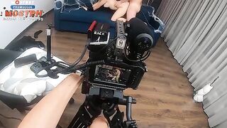 Behind the scene with a rough sex scene and a beautiful blonde with fake boobs